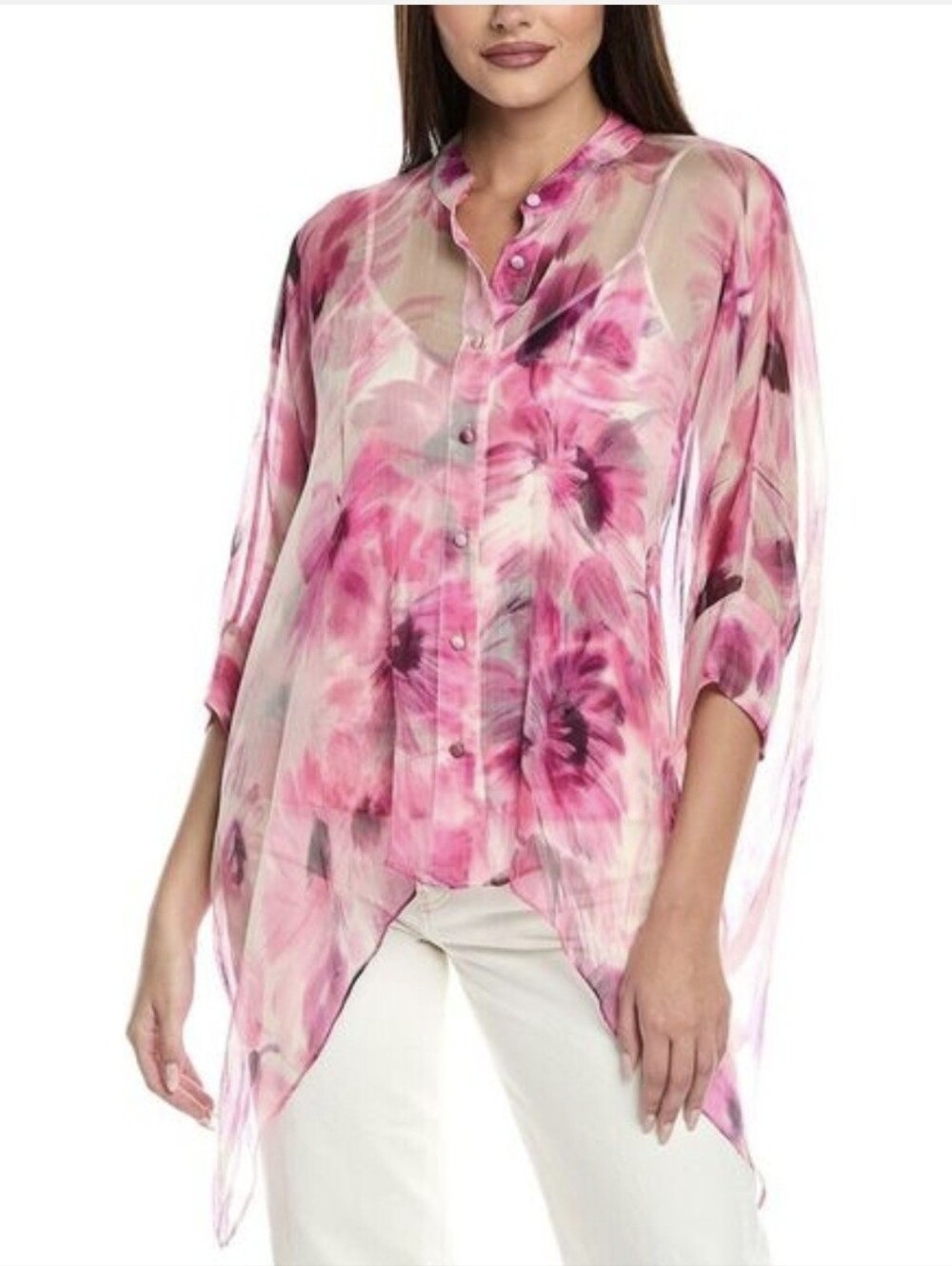 Johnny Was Blouse Katia Pink Floral Silk Handkerchief Hem Size 2X NEW